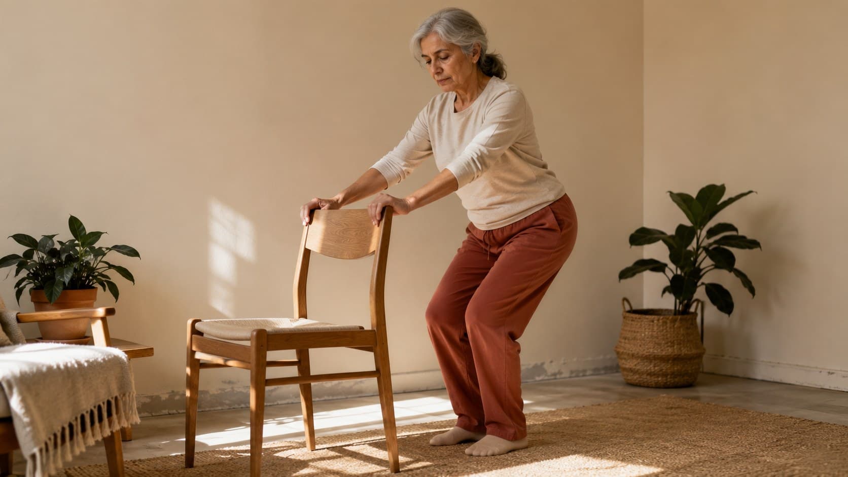 Mujer mayor apoyada en una silla de madera haciendo un ejercicio de movilidad de cadera en casa
