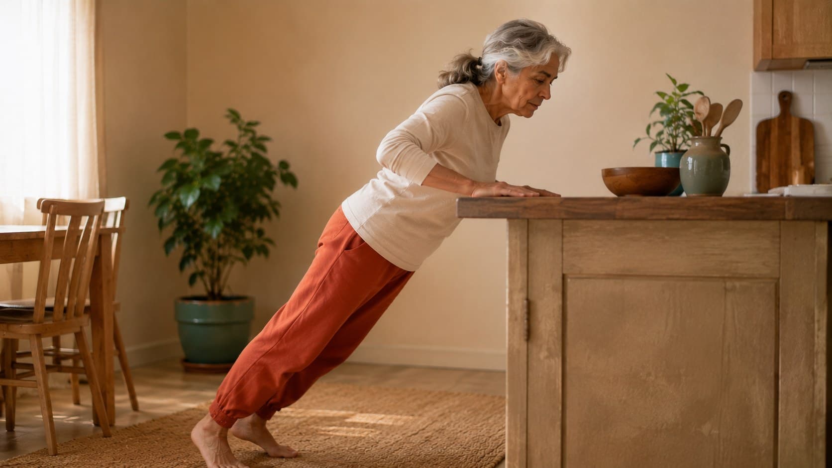 Mujer mayor haciendo una flexión de brazos inclinada apoyada en una encimera de cocina